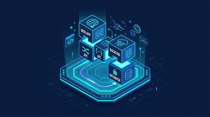 Illustration einer Softwareplattform: Web-App, Schnittstellen, Backend und Datenbank als verbundene Bausteine.